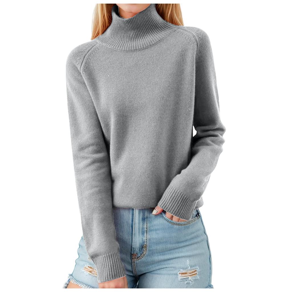 Women's Pullover Long Sleeve Knitted Casual Loose Plain Tops Stand-Up Collar Long Sleeve Winter Casual Sweatshirt Casual Turtleneck Sweater