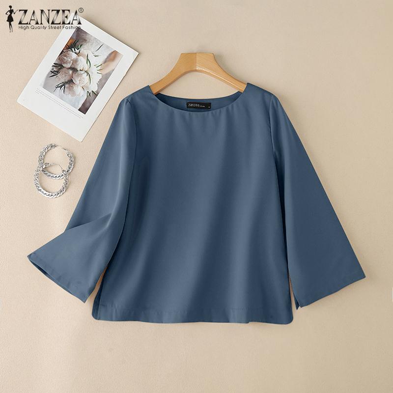 ZANZEA Женская повседневная однотонная свободная блузка с круглым вырезом и рукавом 3/4