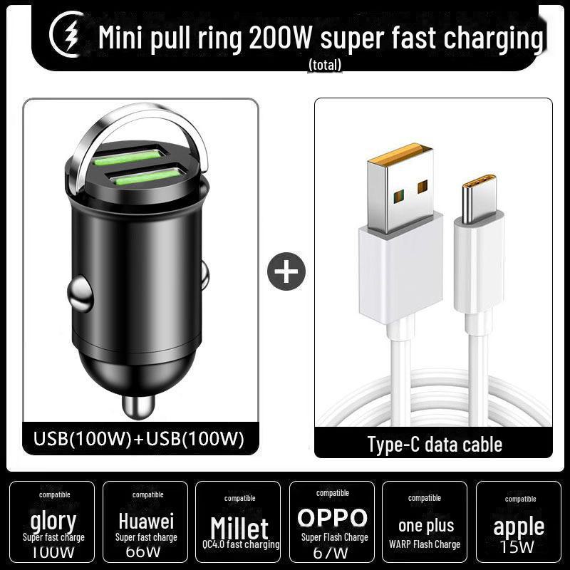 Автомобильное зарядное устройство с двумя портами USB-C мощностью 100 Вт и скрытым вытяжным кольцом — сверхбыстрая зарядка и многофункциональный дизайн