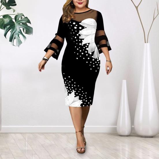 Женские нижние юбки больших размеров, женское платье с цифровым принтом, сетчатое лоскутное элегантное облегающее платье до середины икры с расклешенными рукавами для свадьбы