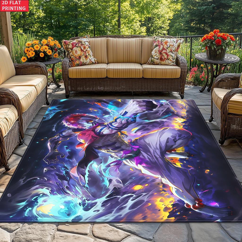 Anime Demon Area Rug, Dark Fire Water Theme Non-slip Floor Mat, Gamer Room Bedroom Decor Carpet, Washable Home Gift