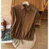 Women's Loose Summer Lapel Drawstring Swing Button Paragraph Solid Colour Literary Vintage Tops Short Shirt