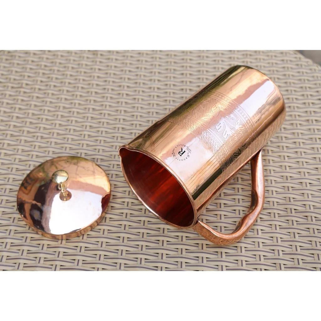 Pure Copper Jug - 1L Hand Made | with Beautiful Embosed Engraving | Copper Pitcher with Ayurvedic Health Benefits | Improved Water Taste