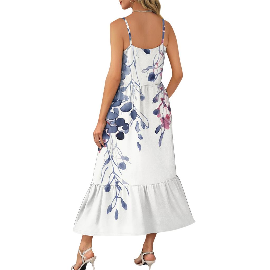 Женское длинное пляжное повседневное элегантное платье макси на тонких бретельках с цветочным принтом, струящееся платье в стиле бохо