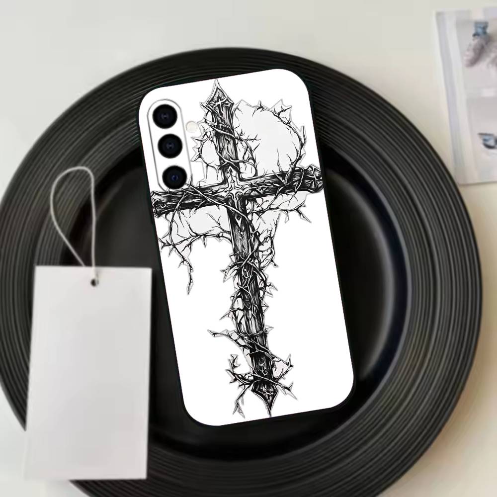 Прозрачный чехол-накладка с готическим крестом и лозой для Samsung Galaxy A73, A72, A71, A70, A53, A52, A51, Других Мягкий черный чехол