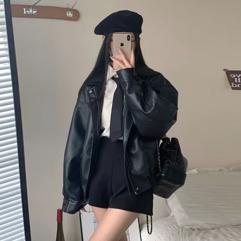 Винтажная кожаная женская укороченная куртка свободного кроя в корейском стиле, стильная куртка для мотоциклистов, миниатюрная, осень, новое поступление