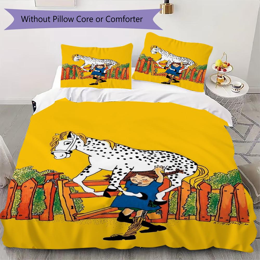 Pippi Langstrumpf Pattern Bedding uilt Set uilt Cover Pillowcase Home Decoration Birthday Gift (1*duvet cover + 2*pillowcase without core)