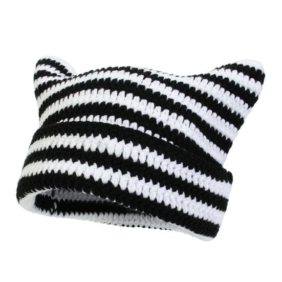 Autumn Winter Outdoor Warm Knitting Caps Cute Striped Cat Ear Hat No Brim Thickened Stretchy Yarn Knitted Beanie Hat