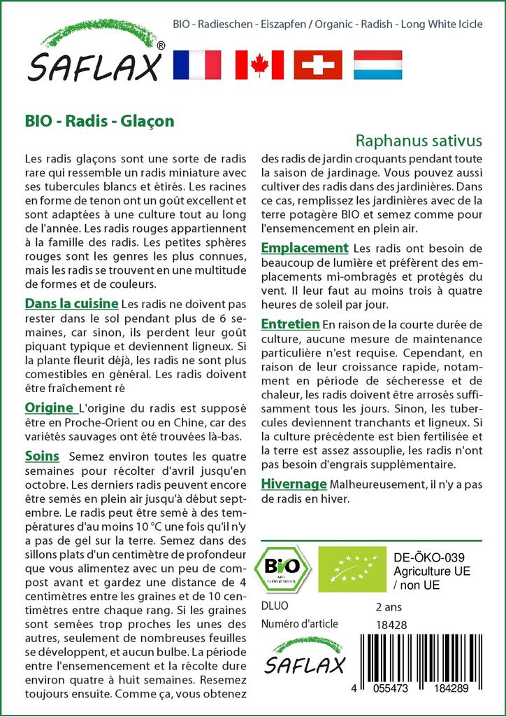 SAFLAX Сад в сумке - Органический - Редис - Длинная белая сосулька - 100 семян - С субстратом в подходящем стоячем мешке - Raphanus sativus