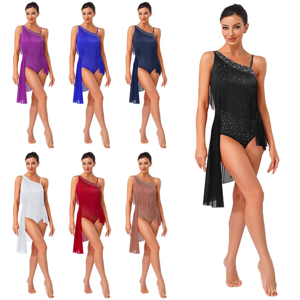 Women Latin Tango Tassel Dance Dress Asymmetrical Shoulder Glitter Rhinestones Irregular Hem Openable Crotch Leotard Dancewear for Stage Competition