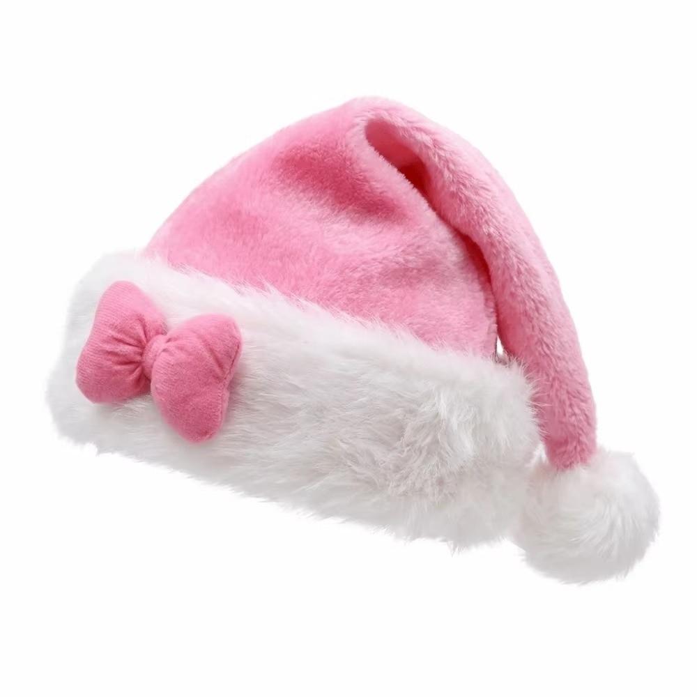 Fluffy Santa Hat Pink Bow Red White Plush Hat New Christmas Hat for Christmas Party