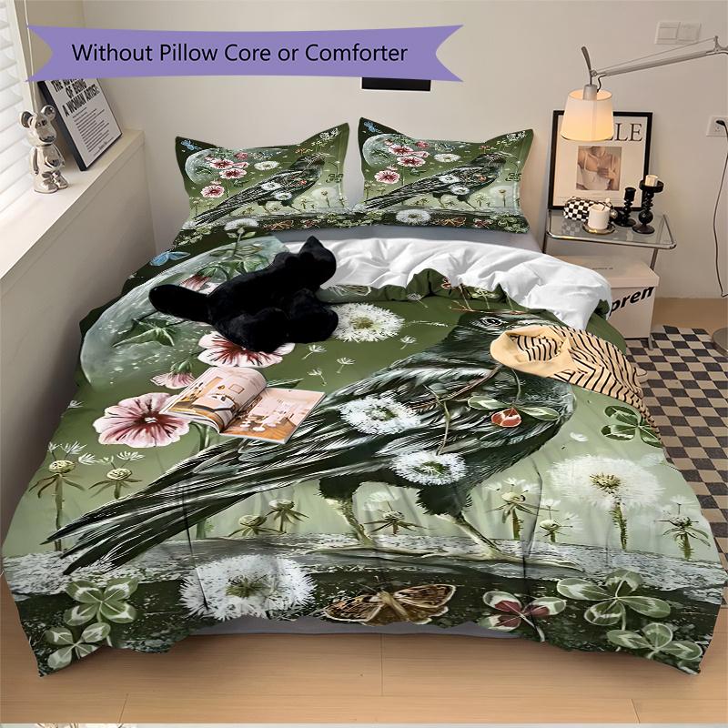 3pcs Anime Raven with Flowers and Butterflies Comforter Set - Includes One Quilt Cover and Two Pillowcases (No Core) - Home Decor, Festival Gift, Poly