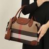 New Autumn and Winter Canvas with Top Layer Cowhide Leather Versatile One-shoulder Crossbody Bag Simple and Fashionable Plaid Bag