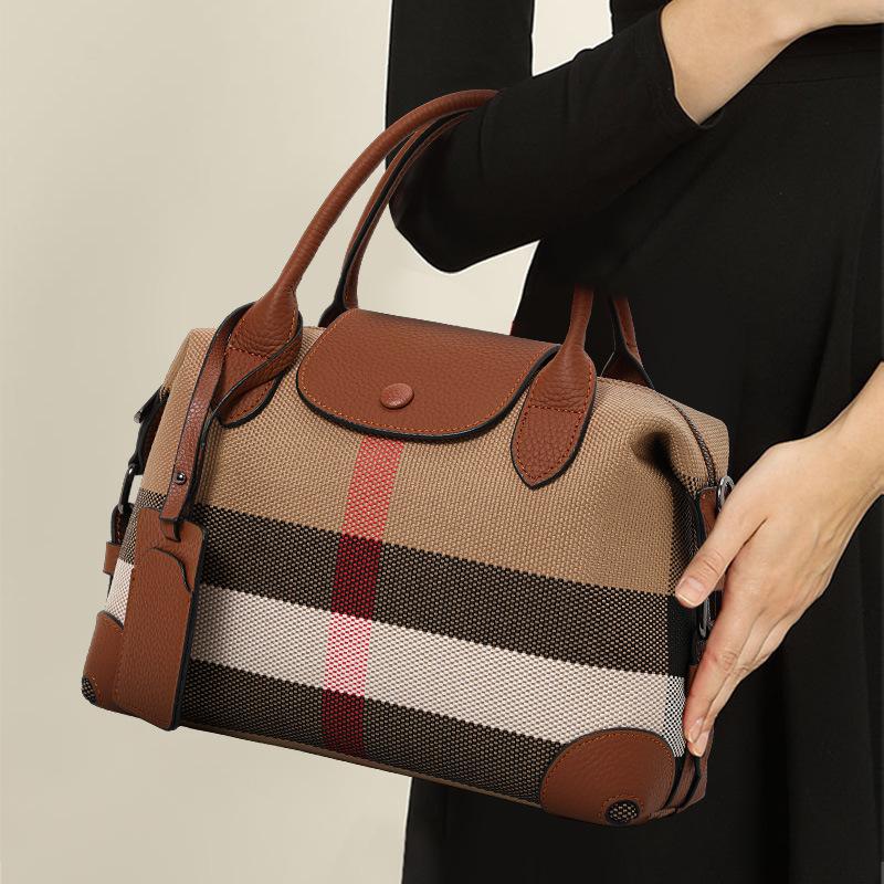 New Autumn and Winter Canvas with Top Layer Cowhide Leather Versatile One-shoulder Crossbody Bag Simple and Fashionable Plaid Bag