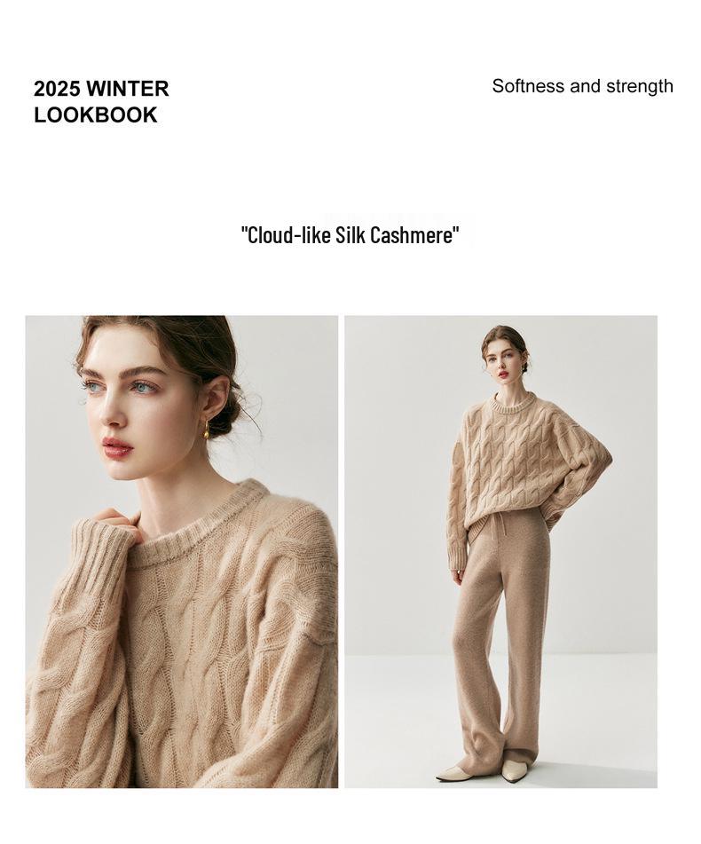 Женский пуловер из тяжелого кашемира крупной вязки «косы» - осенне-зимний свитер с длинным рукавом и круглым вырезом