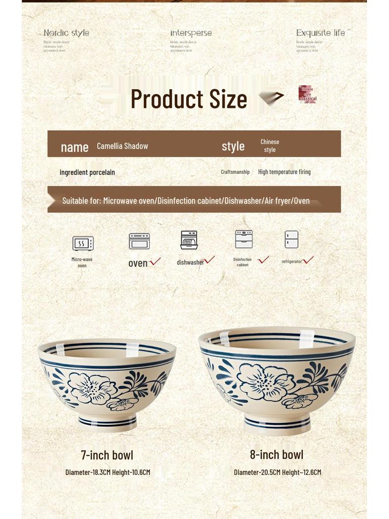 Retro Hand-Painted Blue & White Large Noodle Bowl - High-Footed Porcelain for Creative Dining