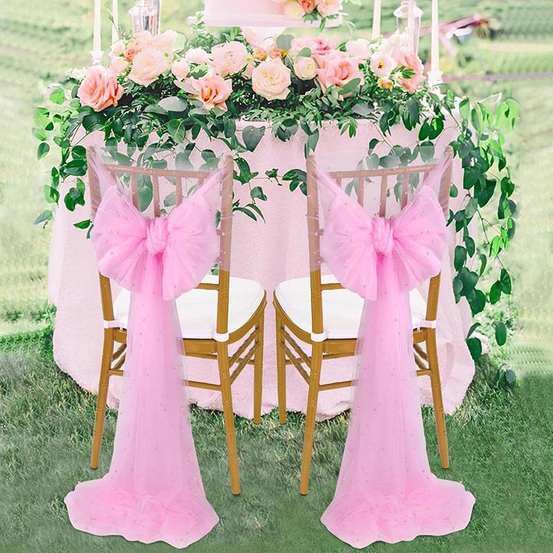 2pcs Pearl Tulle Chair Sashes 75x200cm Organza Fabric Sheer Tulle Chair Drapes For Wedding Party Event Banquet Home Decoration