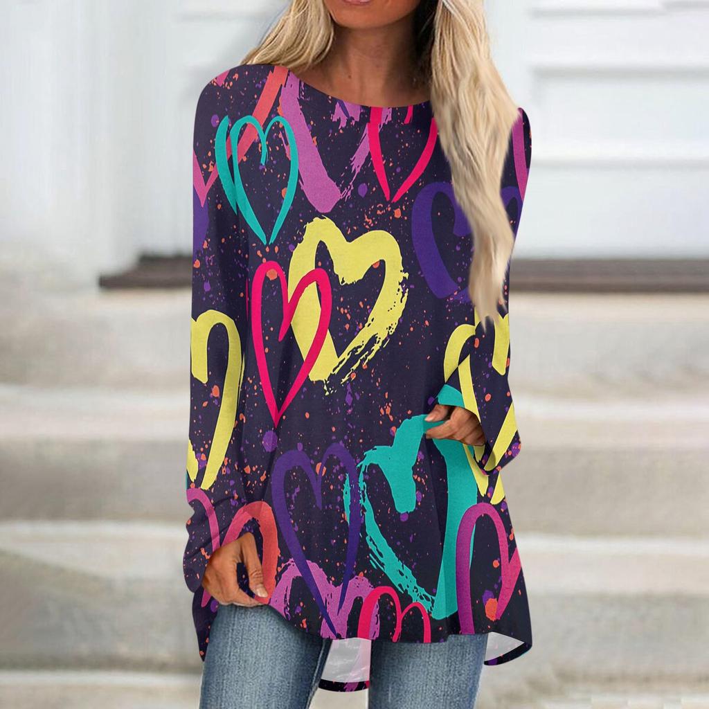 Женская мода повседневная блузка с длинным рукавом и принтом «Любовь ко Дню святого Валентина», круглый вырез, пуловер