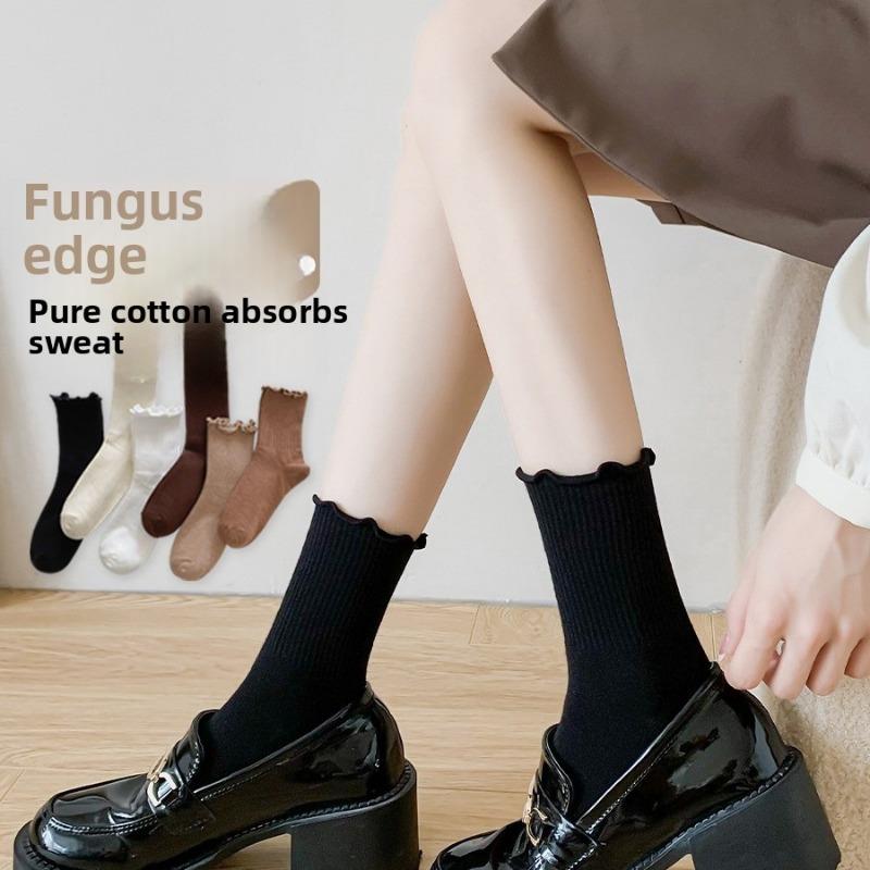 5 Pairs of Women's Summer Thin Style In The Tube Wooden Ear Side Socks