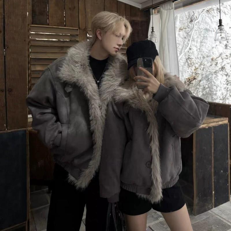 Unisex Winter Puffer Jacket With Faux Suede Finish High Collar Fleece-Lined Hoodless Coat Men Women