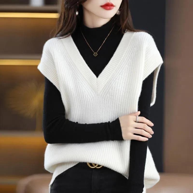 Knit Vest Women's V-neck Solid Color Top Loose Casual Pullover Pull Jumper Sleeveless Ted Bat Shirt All-match Harajuku Commuting Spring Autumn