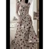 Sweet and Gentle Floral Small Flying Sleeve Dress Women's High Waist Thin Skirt Summer Medium and Long Dress New