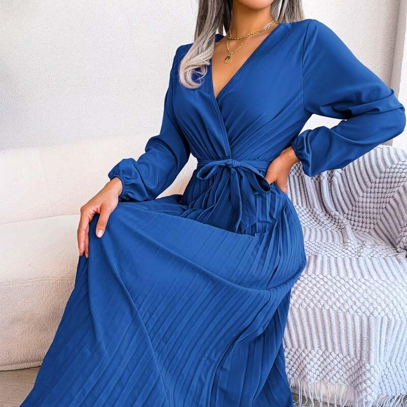 Элегантное плиссированное длинное платье с v-образным вырезом и длинными рукавами, женское осеннее офисное платье с длинным рукавом, свободные платья на шнуровке, модная одежда 29237