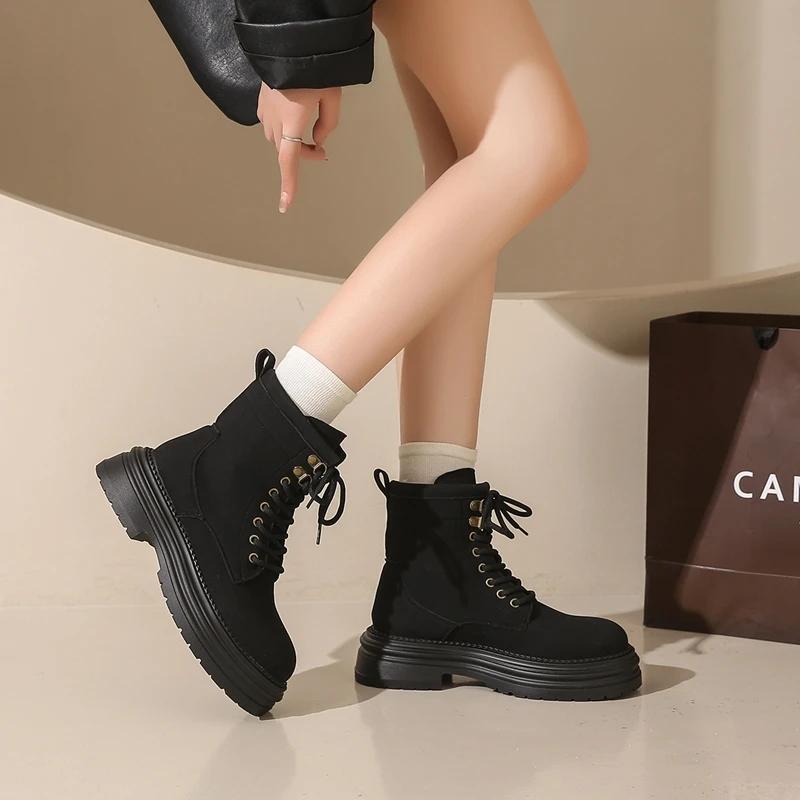 Обувь для женщин 2024 года, новые женские ботинки на шнуровке с молнией, с круглым носком, разноцветные, с леопардовым принтом, на платформе, водонепроницаемые модные ботинки