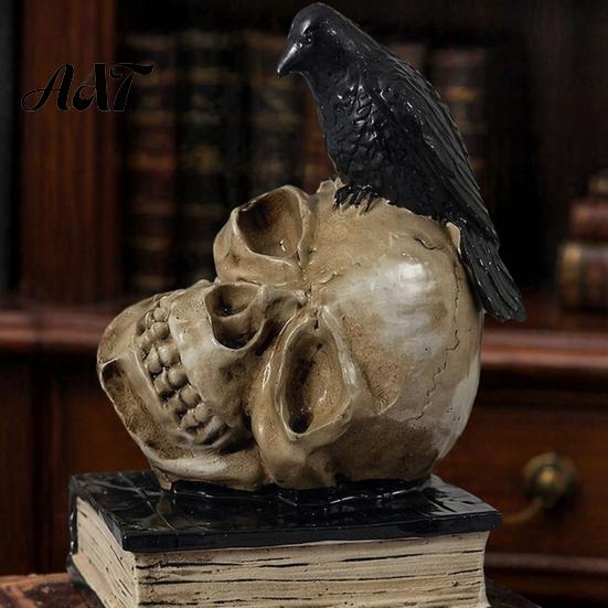 Spooky Bookshelf Display Figurines Halloween Skull Head Statue, Gothic Crow And Book Sculpture, Statue with Resin for Home Party Table