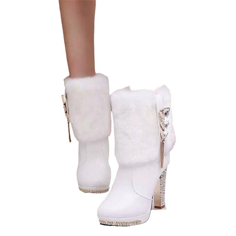 Зимние теплые меховые сапоги женские зимние новые ботильоны женские сапоги на платформе модные сапоги на высоком каблуке со стразами