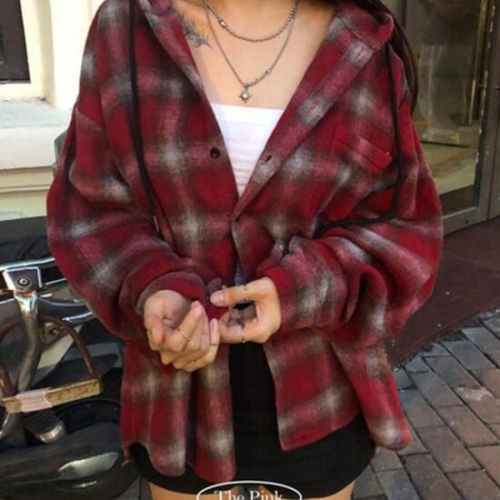 The Pink Men Eric Overfit Vintage Check Pattern Hooded Long Sleeve Shirt