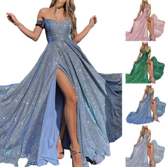 Женское платье с открытыми плечами, блестящие пайетки, обтягивающее, большие размеры, высокая талия, разделенный подол, сексуальное трапециевидное платье, большие качели, длина до пола