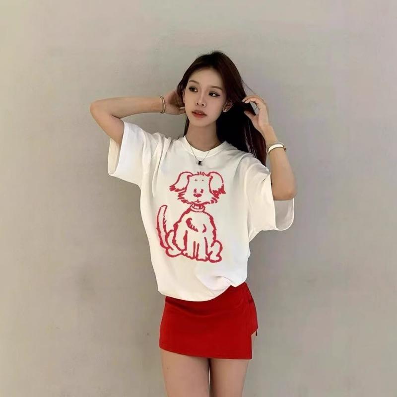 Женская футболка с короткими рукавами и принтом в виде мультяшного щенка в стиле ретро, свободный повседневный топ для пары на лето