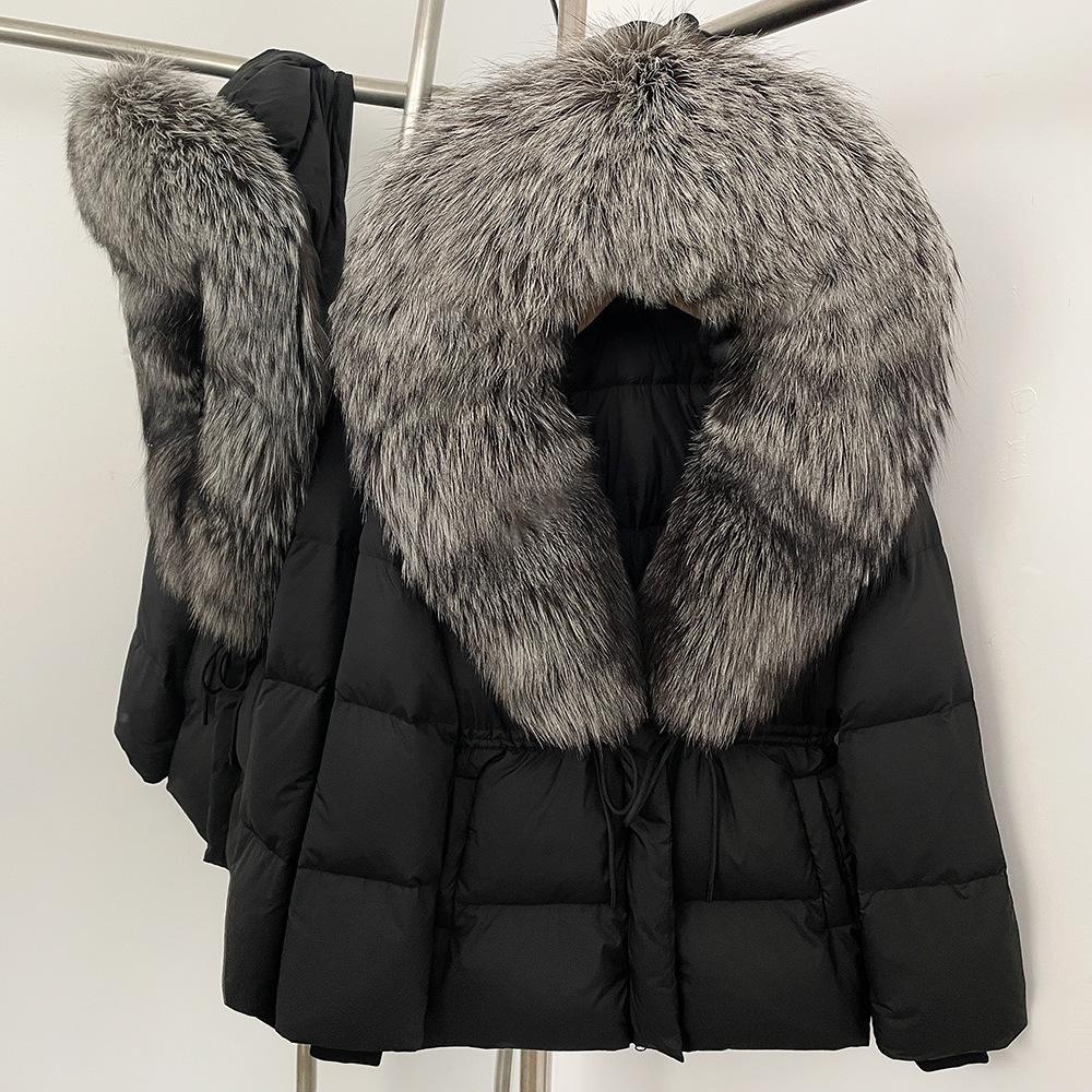Съемный oversized воротник из лисьего меха женская короткая пуховая куртка женская зимняя новая с капюшоном на талии и тонкая меховая куртка