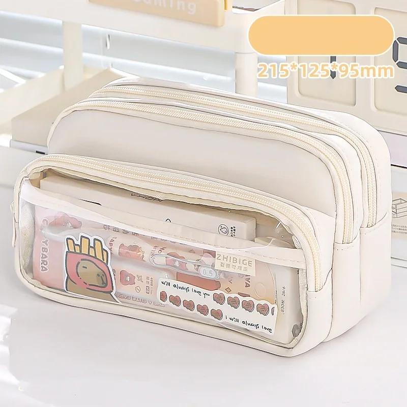 Chic Solid Color Pencil Case Korean Simplicity Transparent Pen Pouch Large Capacity Stationery Organizer Bag School Supplies
