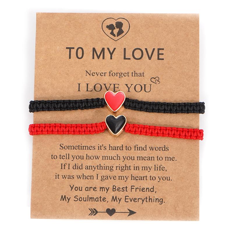 Браслет на удачу с эмалевым сердцем, веревочный браслет, регулируемый, для дружбы, парные украшения, 2 шт./комплект