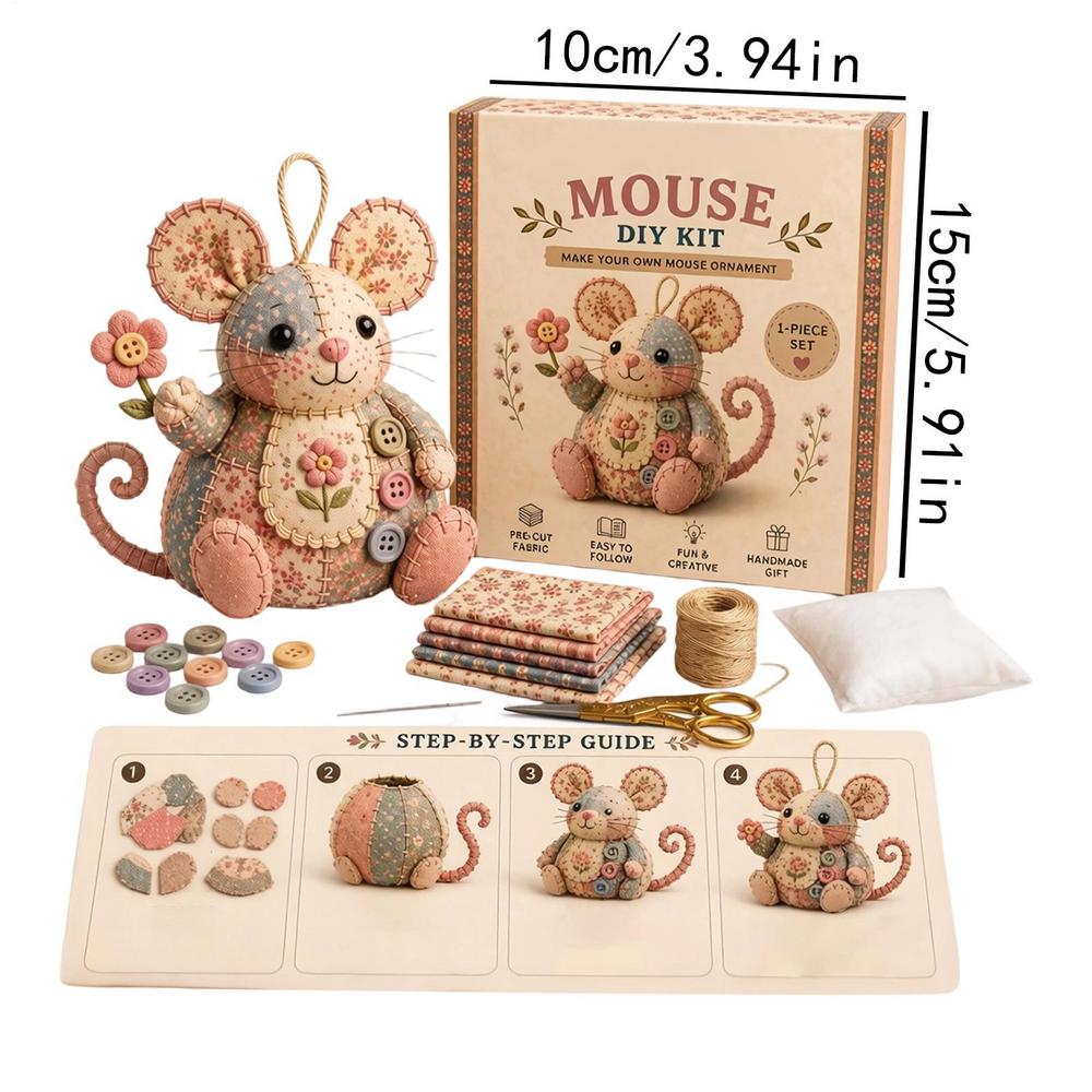 DIY Fabric Mouse Sewing Kit, Complete Patchwork Craft Set with Pre-Cut Fabric & Tools, Cute Stuffed Mouse for Home Decor