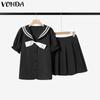 Two Piece Suit Women College Style Short Sleeve Naval Collar Tops and Mini Pleated Skirts Sets