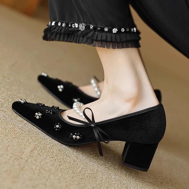 Модные женские туфли-лодочки в японском стиле лолита на блочном каблуке с бантом, на среднем каблуке, массивные, с острым носком, Мэри Джейн, для женщин, готические, с жемчугом, Y2k