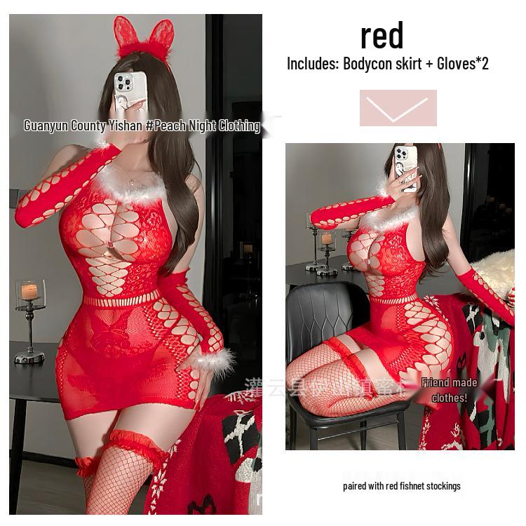 Sexy Red Mesh Cutout Dress Lingerie for Romantic Holidays