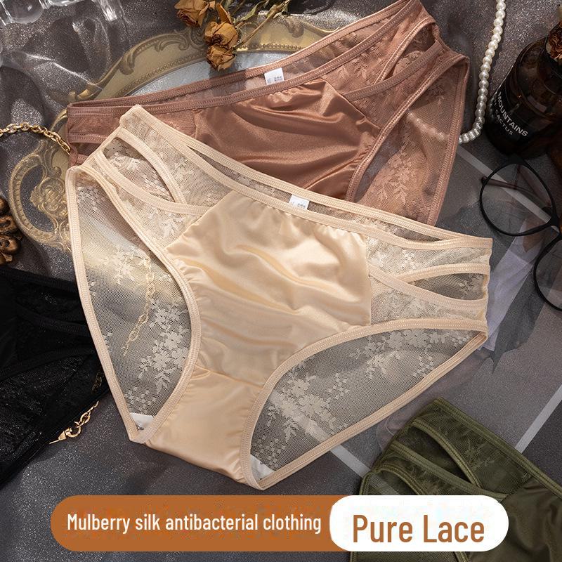 Elegant Lace Mesh Mid-Waist Satin Briefs for Women