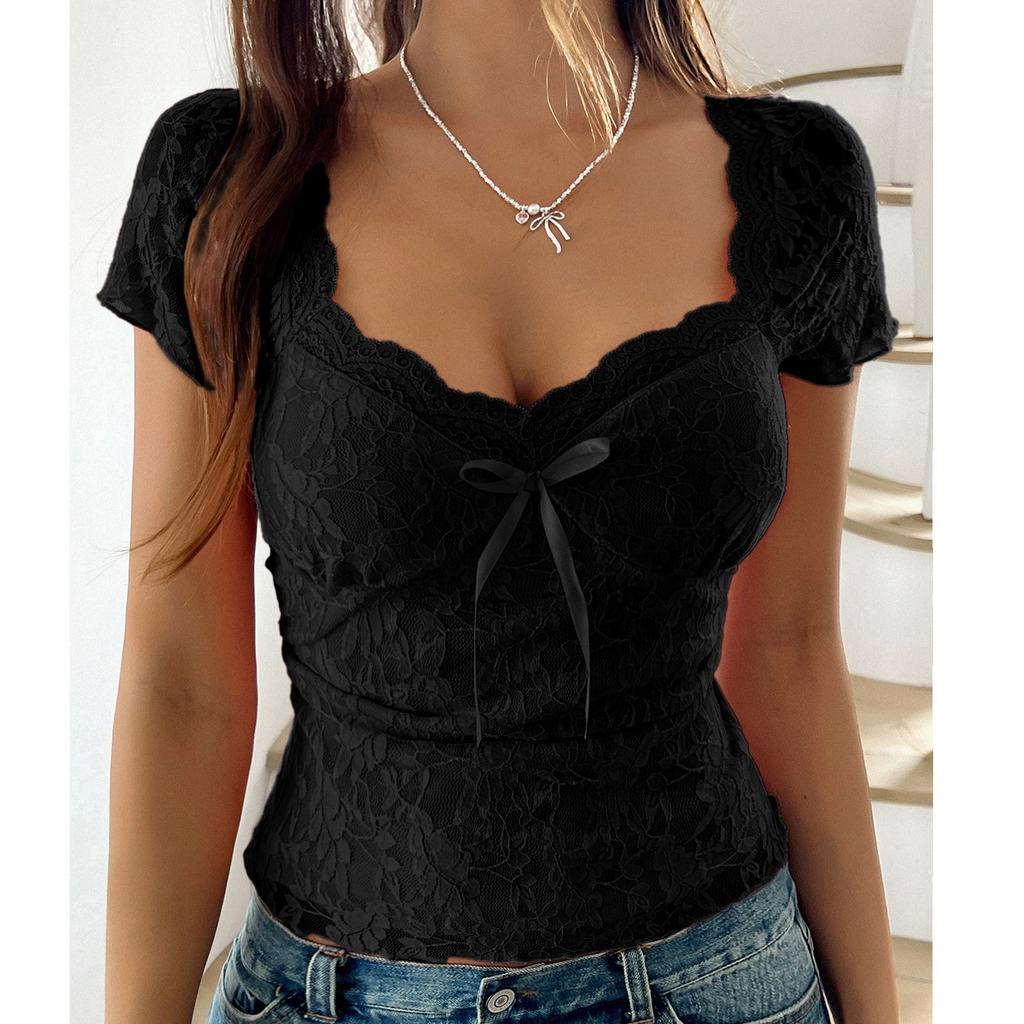 Women's Loose V-Neck Casual Solid Color Lace Short Sleeved Top Lace Short Sleeved Top