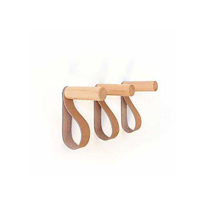 Patères murales AIMOONSA Forest en hêtre et cuir (lot de 3) — Porte-manteaux muraux déco, support 10 kg