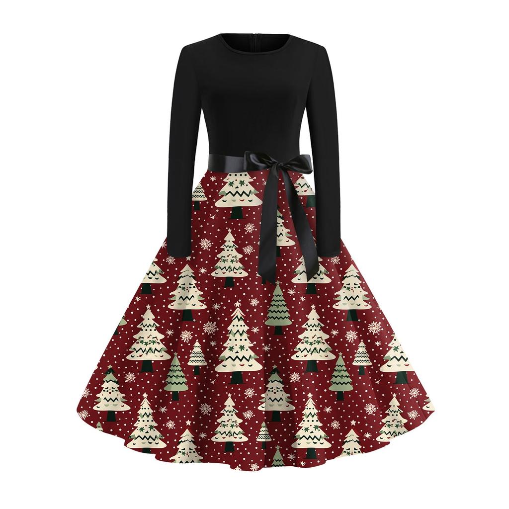 Рождественский принт расклешенное платье для женщин платье с длинным рукавом полые вечерние повседневные платья