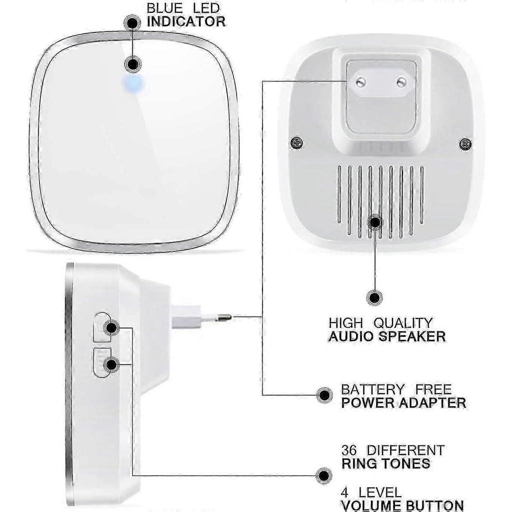 Wireless Doorbell, 300m Range, 36 Ring Tones, 4 Volume Levels, 1 Transmitter & 2 Receivers