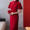 Красное кружевное женское платье Cheongsam, элегантное тонкое платье в стиле ретро с воротником-стойкой и рукавами 3/4, жаккардовое кружево Ципао, вечернее свадебное платье в китайском стиле