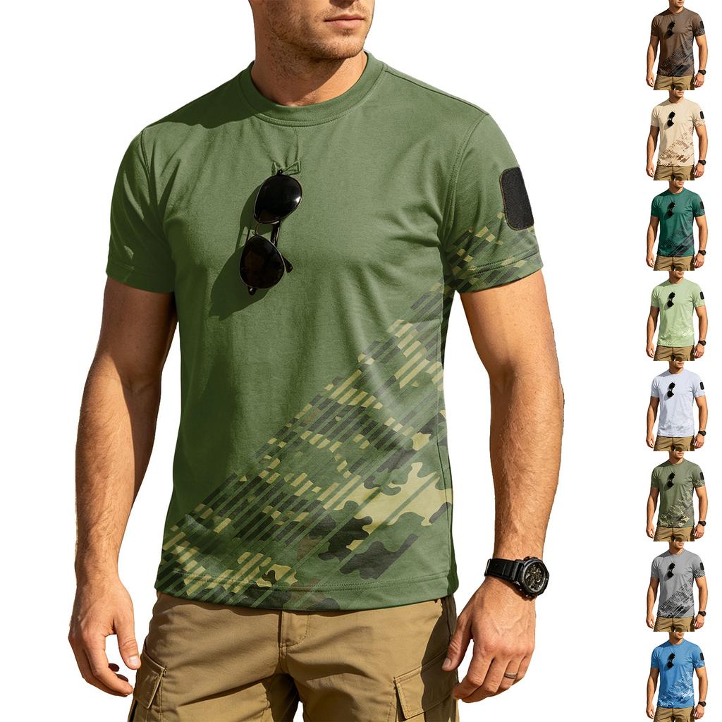 Men Tactical Crew Neck Loose Fit Breathable Outdoor Quick Dry T Shirt with Camouflage Print and Hook Loop Patch Design