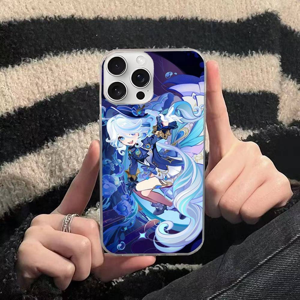 Чехол для телефона Genshin Impact Furina Для iphone 17 16 15 14 13 12 11 Pro Max Plus Серебристый Лазерный Сатиновый Аврора