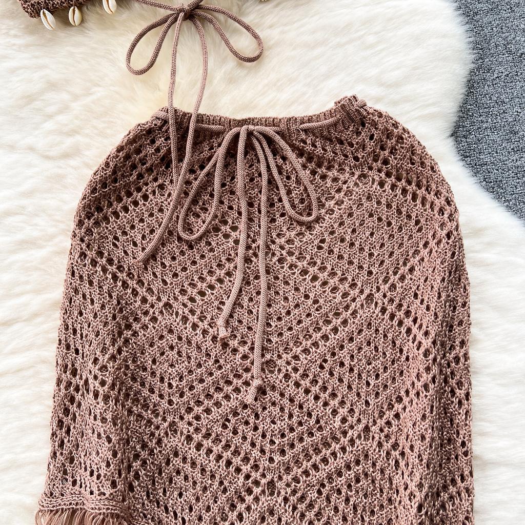 Summer Vacation Sexy Suits Strapless Halter Backless Bikini Set Drawstring Tassel Skirt Women Beach Knitted Fashion Two Pieces Suits