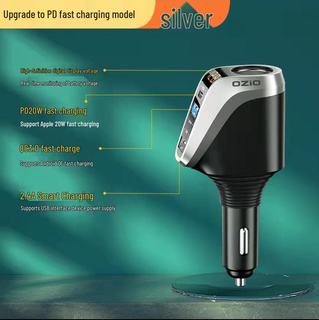 Автомобильное зарядное устройство Oshur с быстрой зарядкой, расширением USB и тройным адаптером прикуривателя